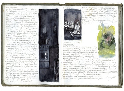 watercolor, graphite, and pen and ink on Arches paper in bound volume