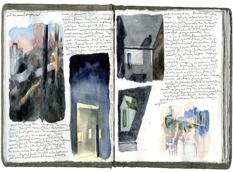 watercolor, graphite, and pen and ink on Arches 140 hot press paper, open book size: 4 x 12 inches