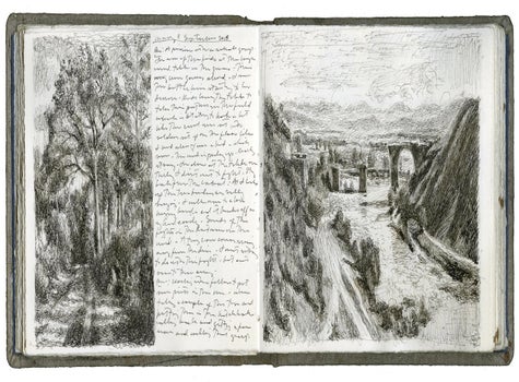 watercolor, graphite and pen and ink on Arches paper in bound volume