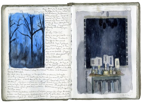 watercolor, graphite, and pen and ink on 90 lb. Arches hot press paper in bound volume
