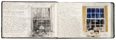 Book 151, containing studies for Self-Portrait with First Light. will be featured in the forthcoming exhibition, Charles Ritchie, Journals & Drawings at BravinLee programs, New York, opening Saturday, 5 October 2024, 6 to 8 pm. The show remains on view through 2 November.
Book 151, watercolor, graphite, pen and ink, and acrylic on paper in bound volume, page size: 4 x 6”