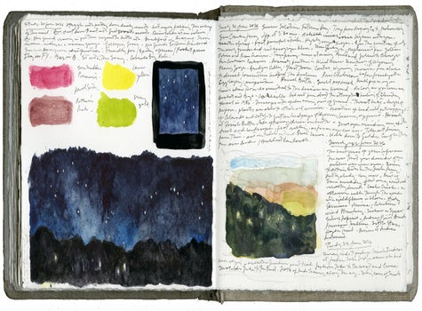 watercolor, graphite, pen and ink, and acrylic on Arches 140 lb. paper in bound volume
