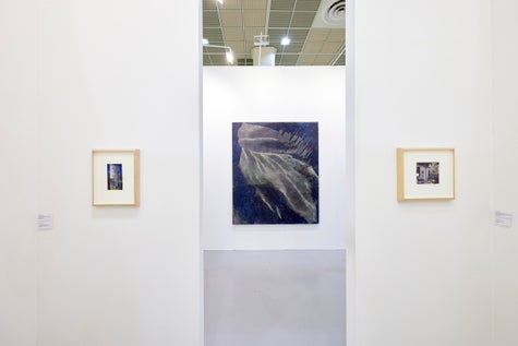 Works by Charles Ritchie (left, right) and Linn Meyers (center)