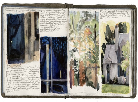 watercolor, acrylic, graphite, pen and ink on Arches paper in linen bound volume 