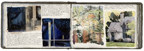 watercolor, acrylic, graphite, pen and ink on Arches paper in linen bound volume