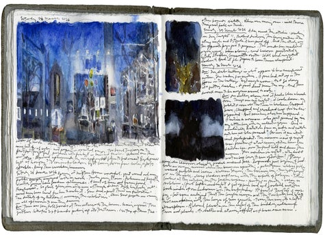 watercolor, graphite, and pen and ink on Arches paper in bound volume 


