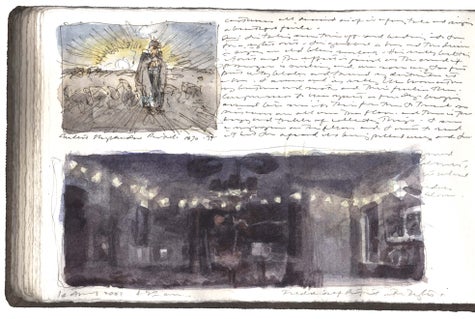 watercolor, graphite, pen and ink, and gouache on Fabriano paper