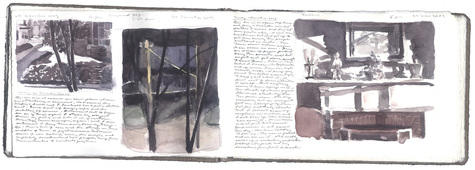 watercolor, graphite, and pen and ink on two page spread of Fabriano paper in bound volume